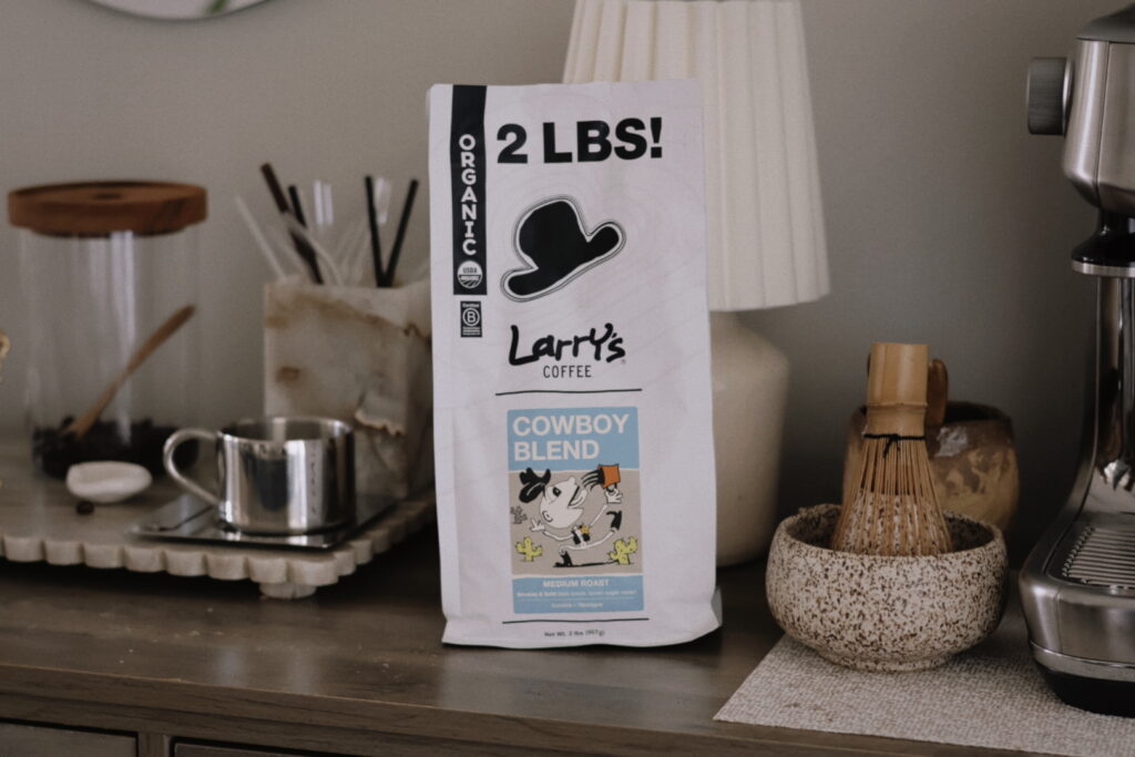 2 pound bag of Larrys coffee cowboy blend on a coffee bar